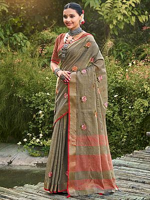 Linen Flower Motif Saree with Stripe Pattern and Blouse