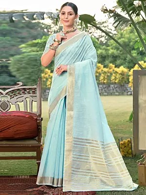 Cotton Plane Saree and Golden Stripe Pattern in Pallu with Blouse