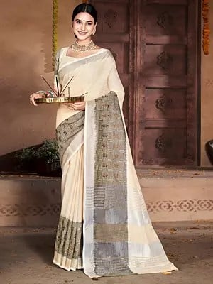 Cotton Handloom Saree And Leaves Pattern in Broad Border with Blouse
