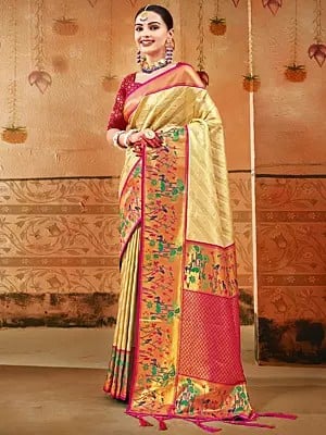 Paithani Silk Traditional Tassel Saree with Forest Pattern in Border and Pallu