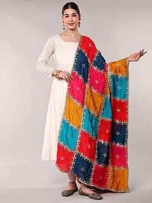 Block Pattern Zari Gota Patti Dupatta with Embroidered Bootis in Golden Thread