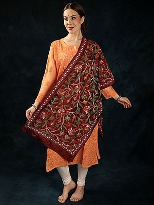 Biking-Red Silk Stole with Multicolored Floral Kantha Embroidery by Hand