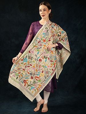 Cannoli-Cream Tussar Silk Kantha Stole with Hand-Embroidered Butterflies