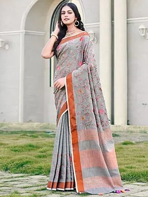 Embroidery Floral Linen Saree and Pink Stripe Border