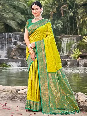 Banarasi Silk Majestic Weaving Tassel Saree with Golden Border and Blouse