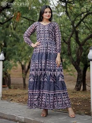 First-Peach Color Pure Chanderi Square Pattern Gown with Digital Print
