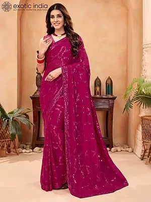 Dark-Pink Georgette Sequence Work Saree With Blouse And Lace Border