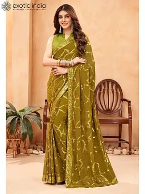 Olive-Green Georgette Sequence Work Saree With Lace Border And Blouse