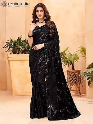 Jet-Black Georgette Sequence Work Saree With Lace Border And Blouse