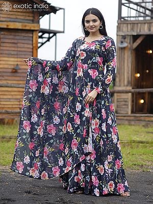 Dusty-Black Faux Georgette Floral Motif Gown with Designer Lace Border Dupatta