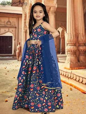 Navy-Blue Heavy Silk Kids Lehenga Choli With Digital Print