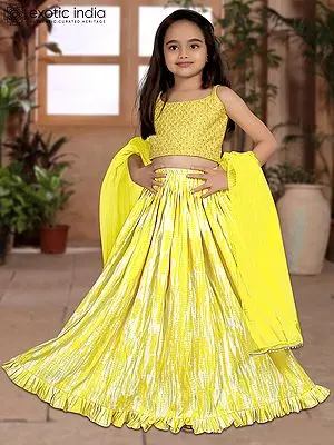 Corn-Yellow Gaji Silk Lehenga Choli With Soft Dupatta For Kids