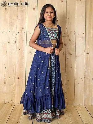 Space-Blue Digital Print Work Silk Lehenga Choli With Embroidered Shrug