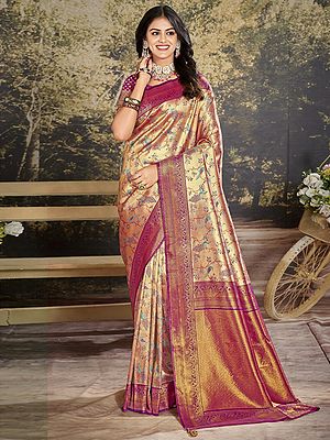 Kanjivaram Silk Peacock Design Golden Saree with Blouse