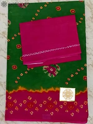 Bandhani Pattern Pure Cotton Saree with Contrast Border and Separate Blouse Piece