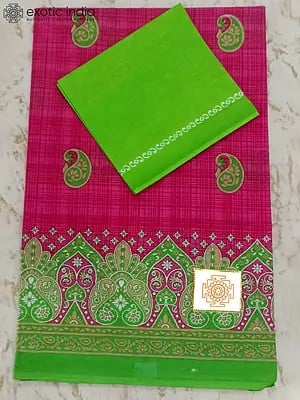 Pure Cotton Saree With Kelly Green Border With Separate Blouse Piece