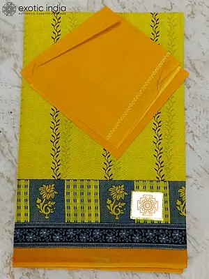 Yellow Cotton Saree With Separate Blouse Piece And Flower Motif Border