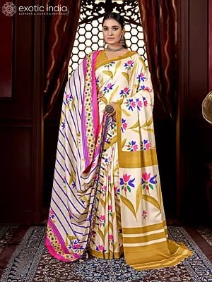 Floral Motif Kani Polyester Digital Printed Saree With Tassels Palla Shawl And Blouse