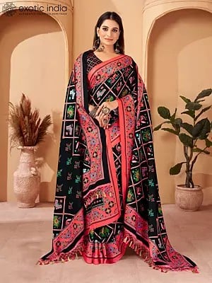 Jet-Black Digital Printed Kani Polyester Saree with Tassels Palla Shawl and Blouse
