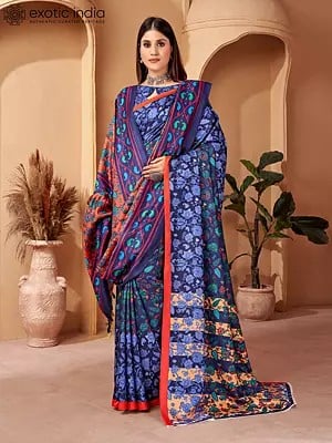 Dark-Blue Digital Printed Floral Pallu Kani Polyester Saree With Shawl
