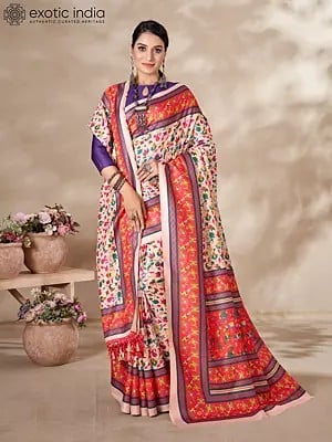 Vermillion-Orange Border All Over Floral Motif Kani Polyester Saree With Shawl And Blouse