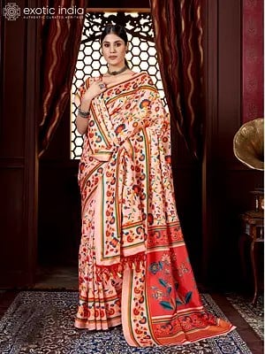 Vine Border And Floral Pallu Digital Printed Kani Polyester Saree With Shawl And Blouse