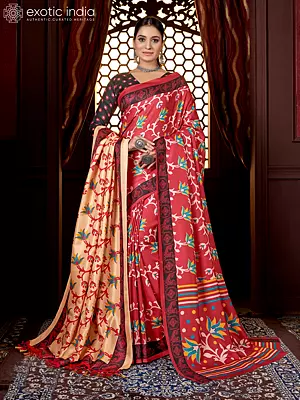 Cardinal-Red Digital Printed Peacock Border Kani Polyester Saree with Blouse and Shawl