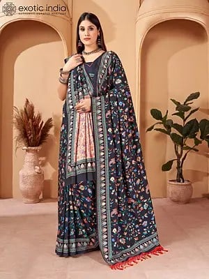 Gun-Powder Color Paisley And Floral Pattern Kani Polyester Saree With Tassels Palla Shawl