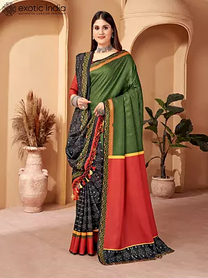 Digital Printed Kani Polyester Raspberry-Red Pallu Saree with Shawl and Blouse