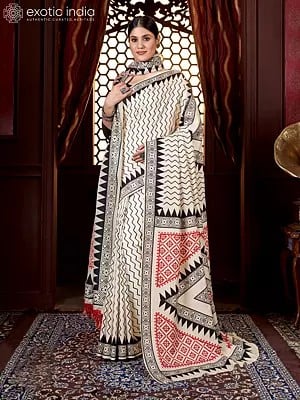 Jasmine-White Digital Zig Zag Print Kani Polyester Saree With Blouse And Tassels Palla Shawl
