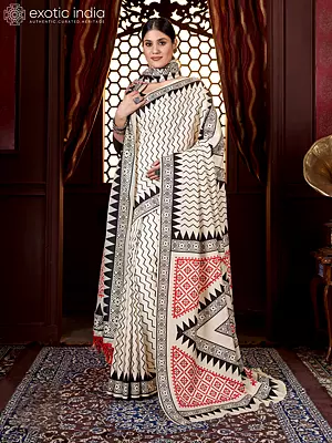 Jasmine-White Digital Zig Zag Print Kani Polyester Saree with Blouse and Tassels Palla Shawl