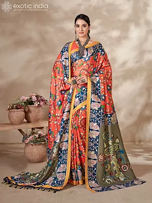 Vermillion-Orange Floral Pattern Digital Printed Kani Polyester Saree with Shawl and Blouse