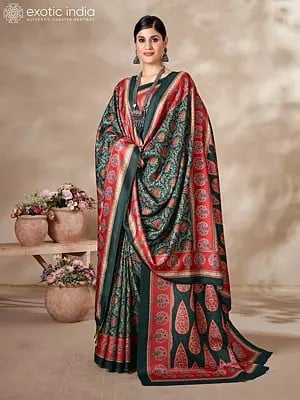 Dark-Slate Digital Printed Floral Motif Kani Polyester Saree With Shawl And Blouse