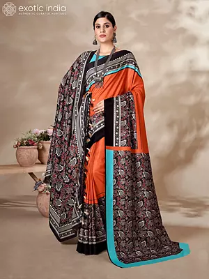 Burning-Orange Digital Printed Kani Polyester Floral Pallu Saree with Shawl