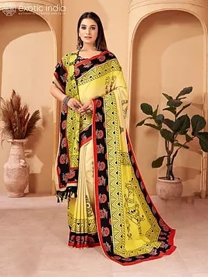 Pastel-Yellow Digital Printed Kani Polyester Saree With Floral Border And Shawl