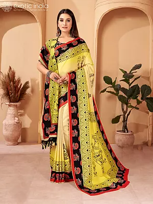 Pastel-Yellow Digital Printed Kani Polyester Saree with Floral Border and Shawl