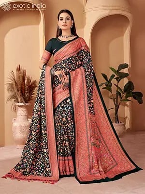 Matte-Black Kani Polyester Floral Design Saree With Floral Border And Shawl