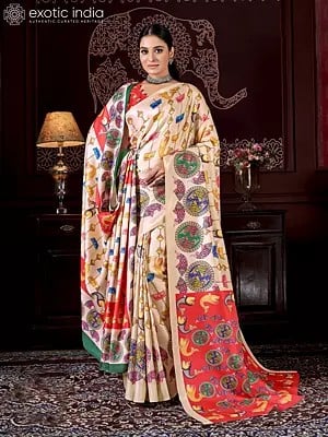 Light-Peach Digital Printed Fishes Pattern Kani Polyester Saree with Shawl and Blouse