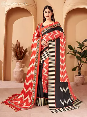 Vermillion-Orange Digital Printed Kani Polyester Saree with Shawl and Stripe Pattern Border