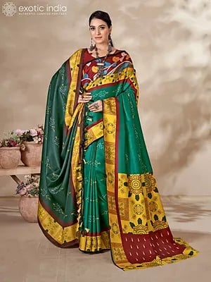 Pine-Green Kani Polyester Saree With Digital Print And Blouse