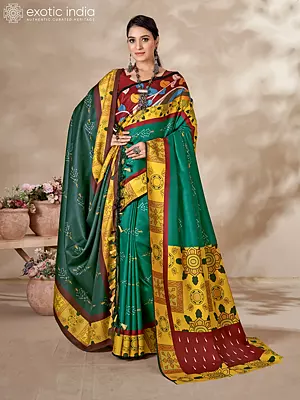 Pine-Green Kani Polyester Saree with Digital Print and Blouse