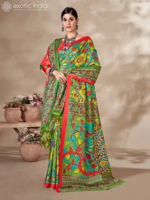 Forest-Green Digital Printed Kani Polyester Saree With Tassels Palla Shawl