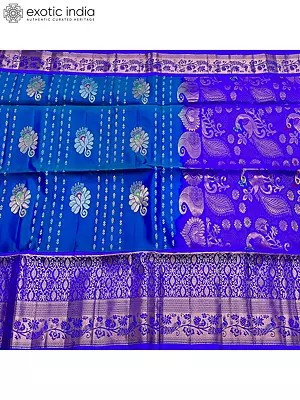 Cobalt Blue Venkatagiri Pattu Saree With Silver Zari Buttas With Contrast Pallu