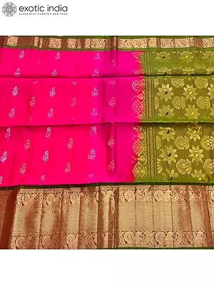 Hot Pink Venkatagiri Pattu Saree With Floral Silver Zari Woven Buttas And Rich Zari Border