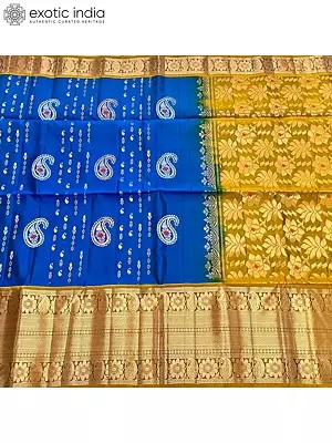 Venkatagiri Pattu Saree With Hand Woven Golden Zari  Border And Contrast Pallu With Plain Blouse