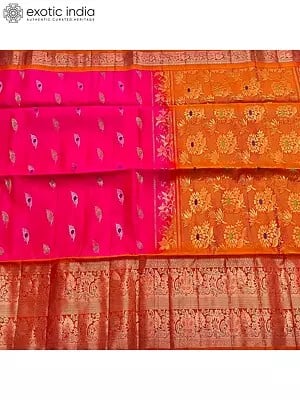 Orange-Pink Venkatagiri Pattu Hand Woven Saree With Contrast Pallu And Plain Blouse