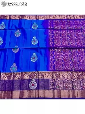 Royal Blue Hand Woven Saree With  Golden Zari Border With Contrast Pallu