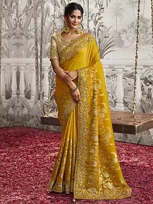 Mustard Color Pure Viscose Tissue Jacquard Saree with Zari Embroidered Sequins and Blouse