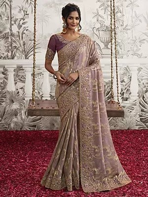 Rosy-Brown Pure Viscose Tissue Jacquard Stone Sequins Saree with Resham Zari Embroidered Blouse