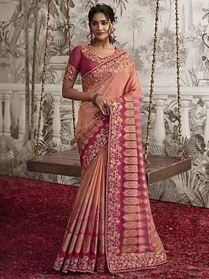 Light Salmon-Pink Pure Viscose Tissue Jacquard Saree with Zari Embroidered Blouse